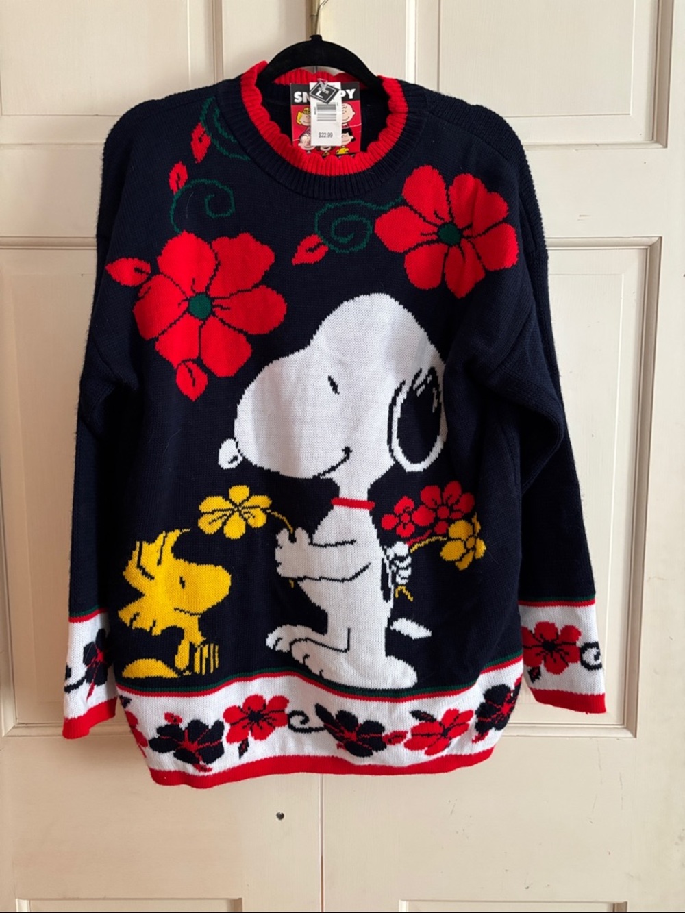 Snoopy Floral Crewneck Sweater - Navy with Red Accents